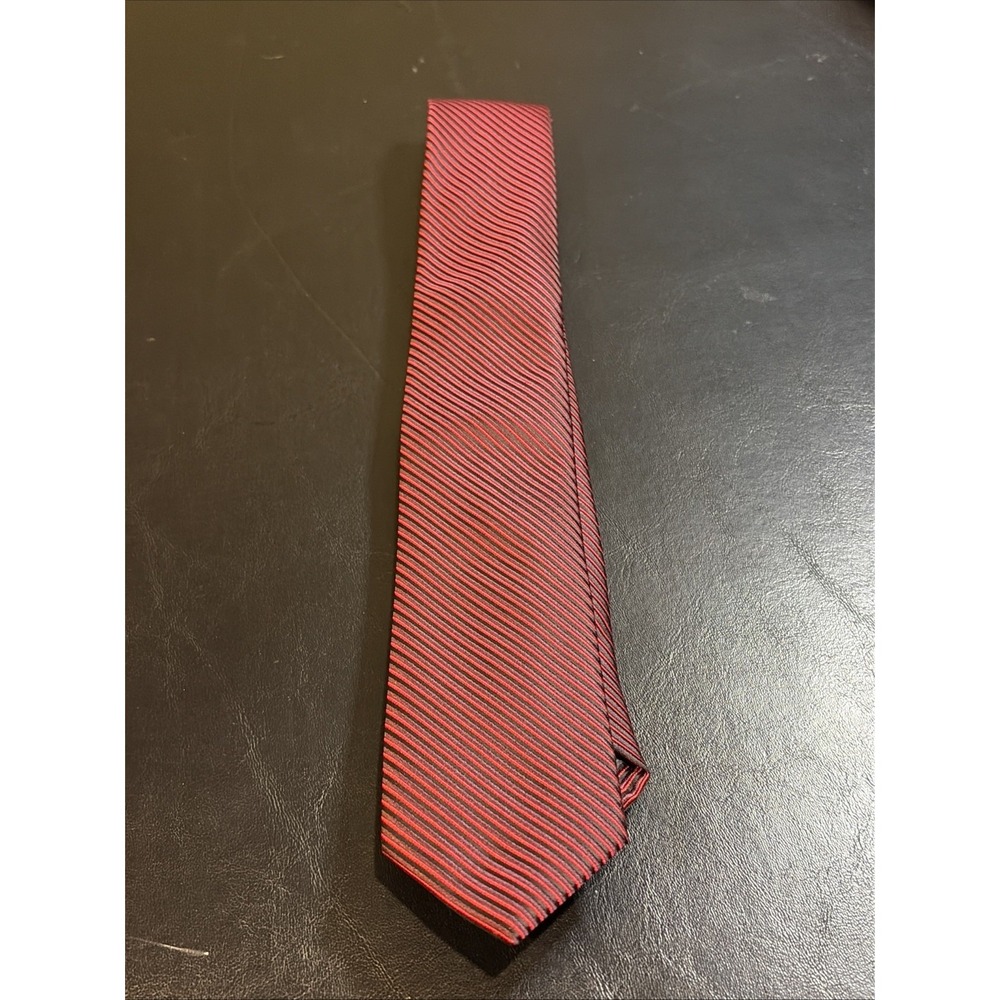 Zenio Boys Or Teen Size Tie Skinny Dark Red On Black Stripe 57" Long x 2.3"
